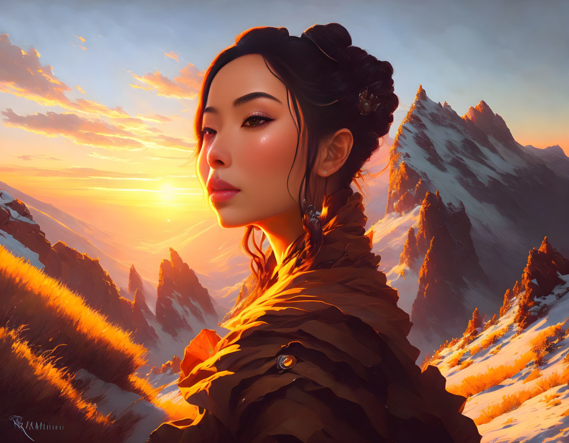 Serene woman admires sunset skies and snow-capped mountains