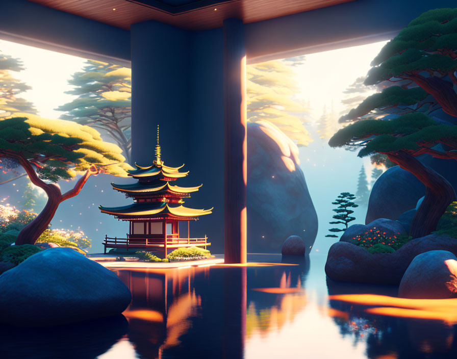 Japanese pagoda and bonsai trees in serene digital art