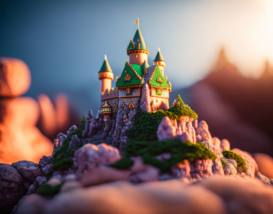 Miniature fairytale castle with towers and green rooftops on rocky terrain at golden hour