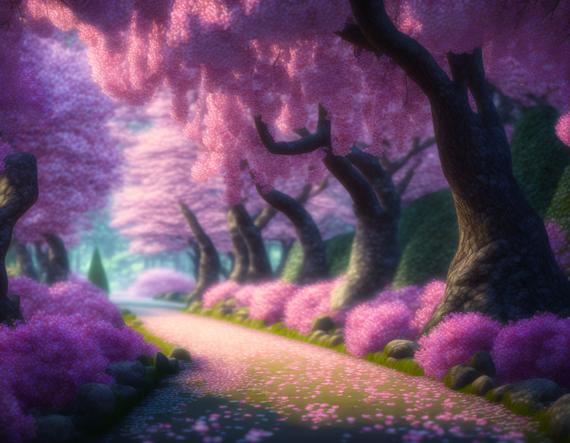 Tranquil Path with Pink Cherry Trees and Soft Light