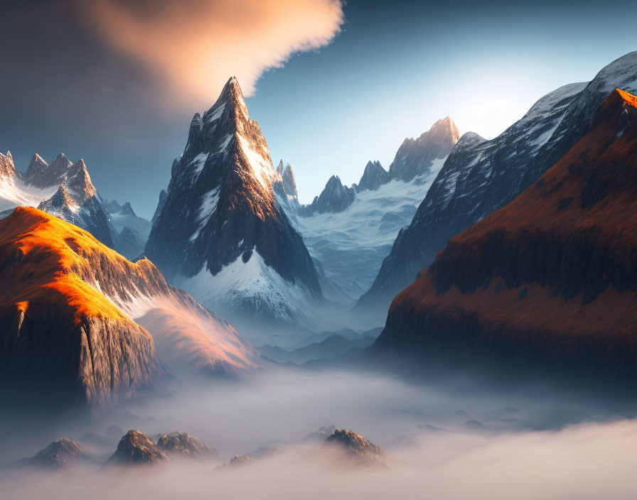 Snow-capped mountain peaks above clouds with golden sunlight on hills