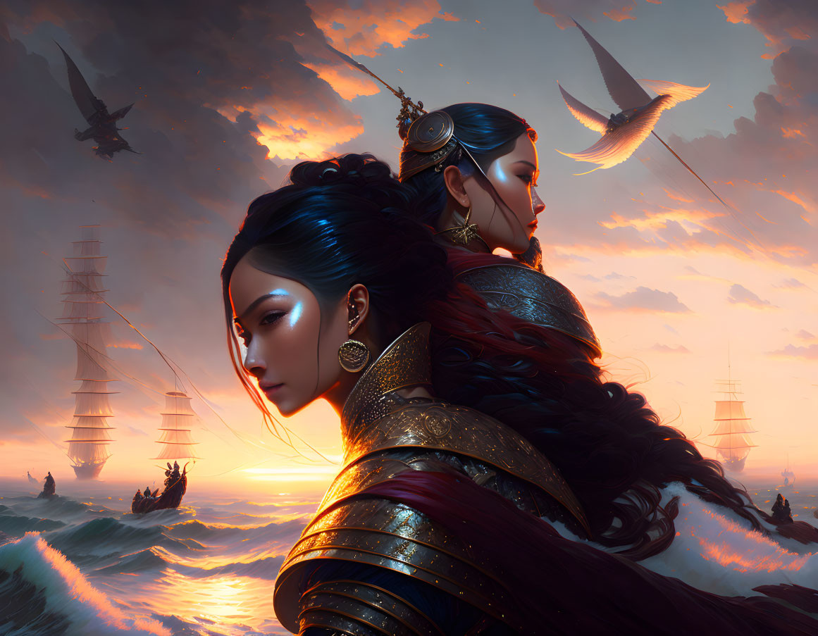 Two women in elegant armor with intricate hairstyles by the sea at sunset.