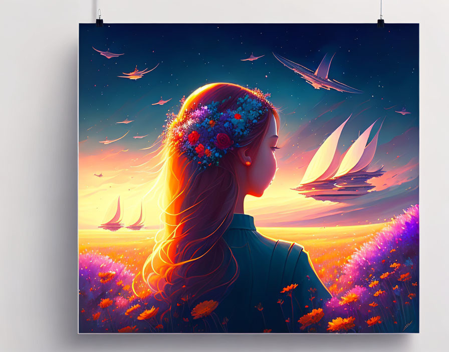 Colorful woman with flower crown in sunset scenery