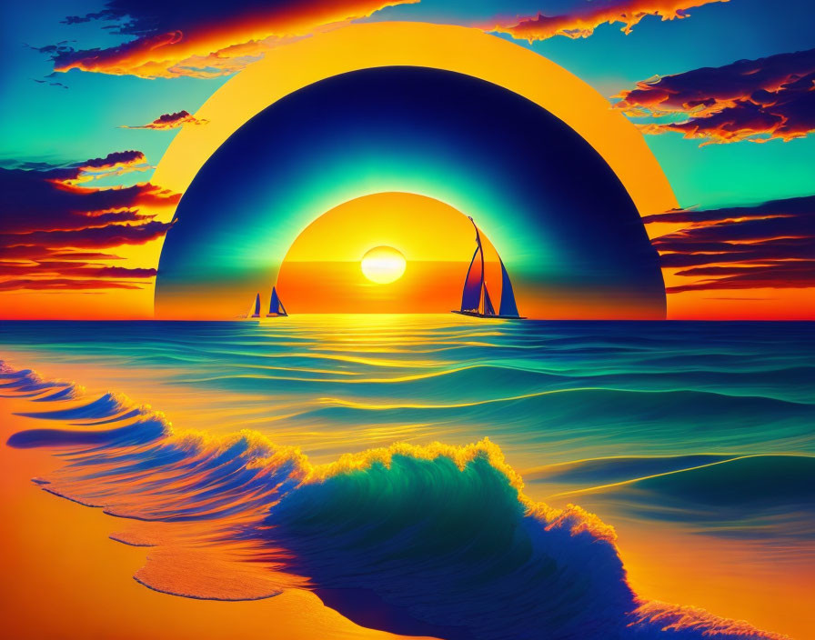 Colorful ocean sunset with sailboats and waves under huge sun