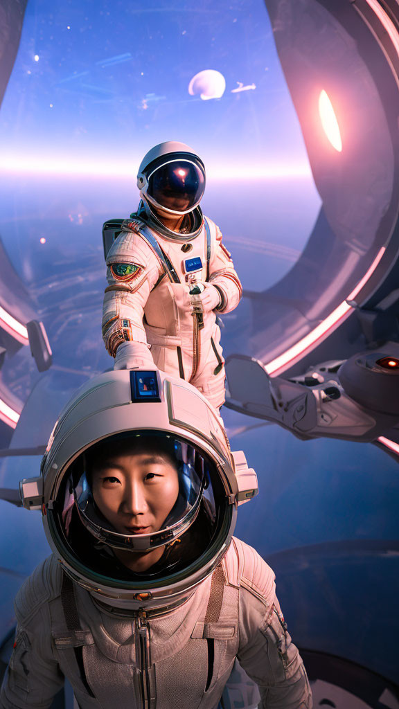 Astronauts in space suits gaze at ringed planet and moon from window