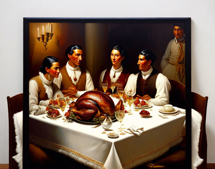 Five individuals at dinner table with roasted turkey and chandelier