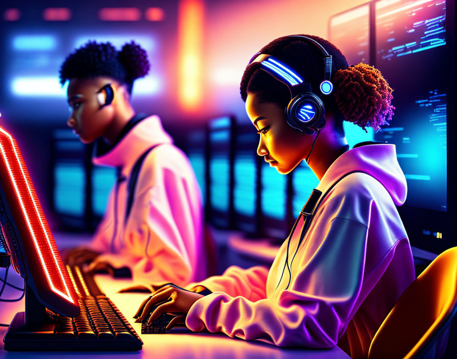 Individuals in headphones on computers in neon-lit setting