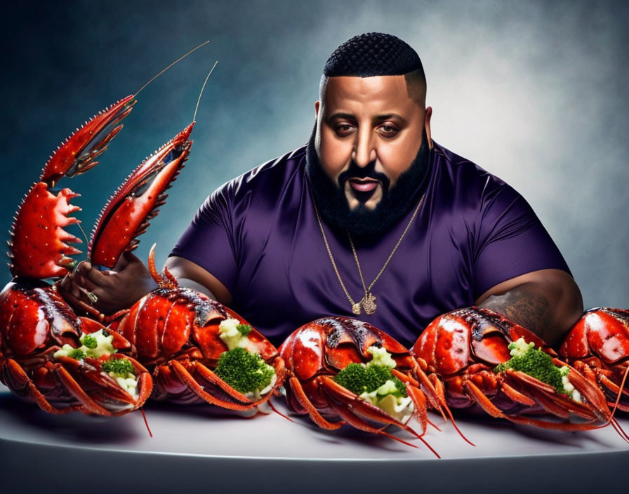 Man in purple shirt smiles with lobsters on table