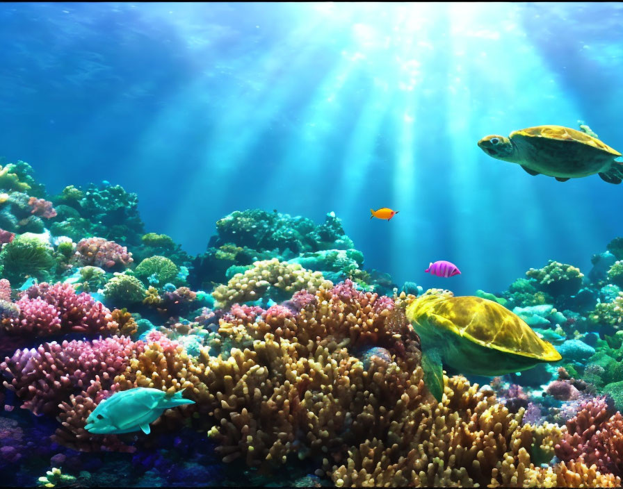 Underwater Scene: Sunlit Ocean with Sea Turtles, Fish & Coral