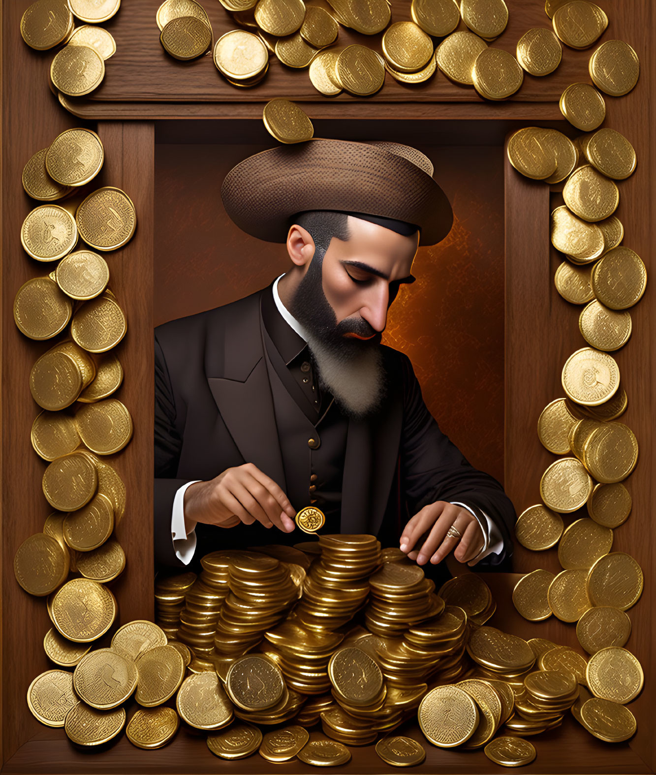 Illustration of man with beard and hat surrounded by gold coins, counting.