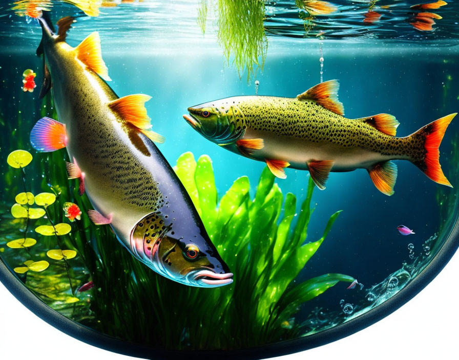 Colorful Trout Swimming in Round Aquarium with Greenery and Underwater Flora