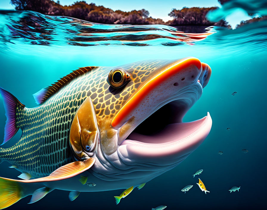 Vibrant fish with large eyes and open mouth in clear blue water.