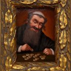 Illustration of man with beard and hat surrounded by gold coins, counting.