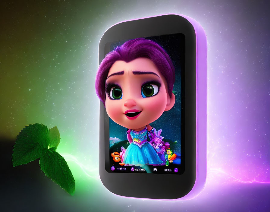 Animated princess in purple dress on smartphone with glowing edges & mint leaf.