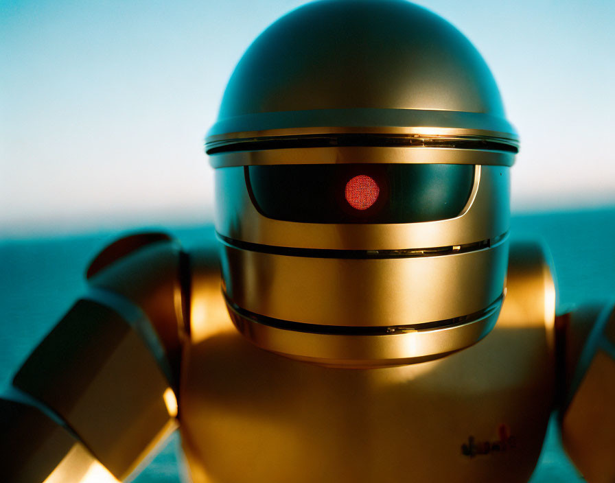 Golden robot with red visor against ocean sunset.