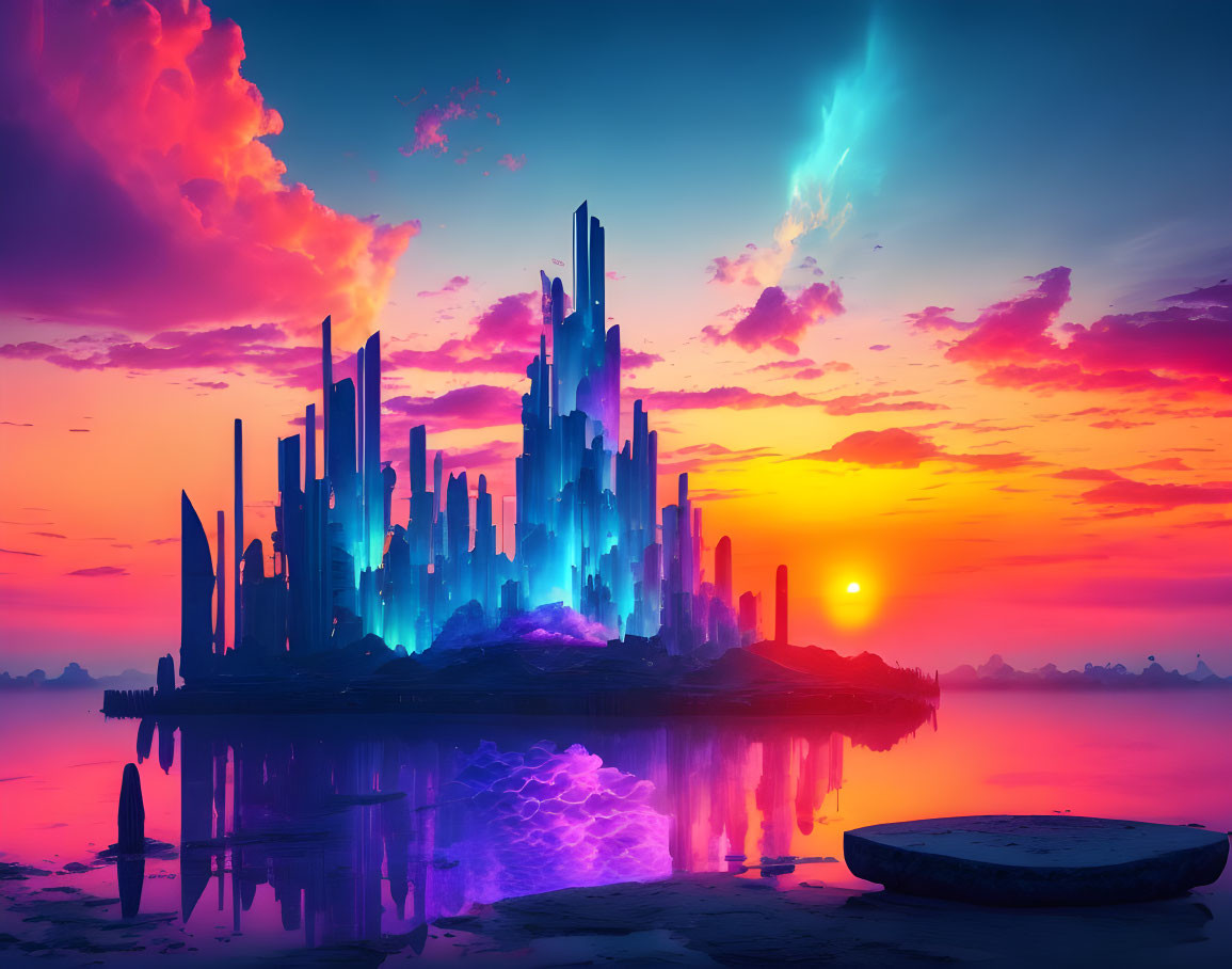 Futuristic cityscape digital art with glowing structures at sunset