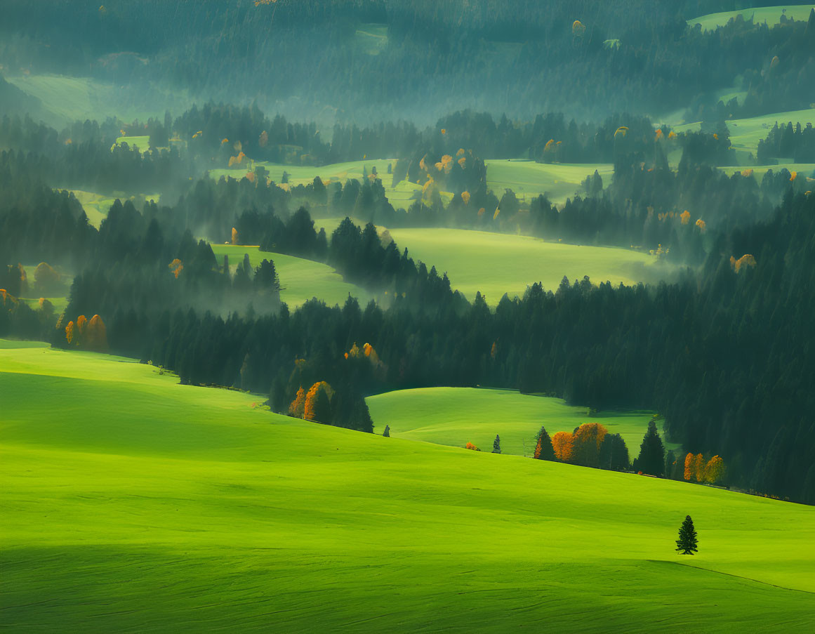 Serene landscape of rolling green hills under a hazy sky