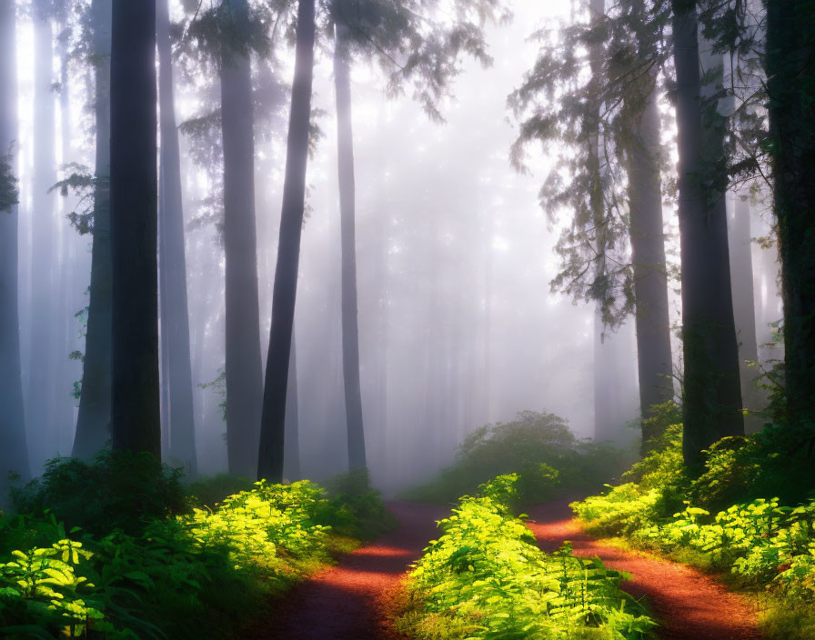 Tranquil forest path with lush greenery and mystical fog