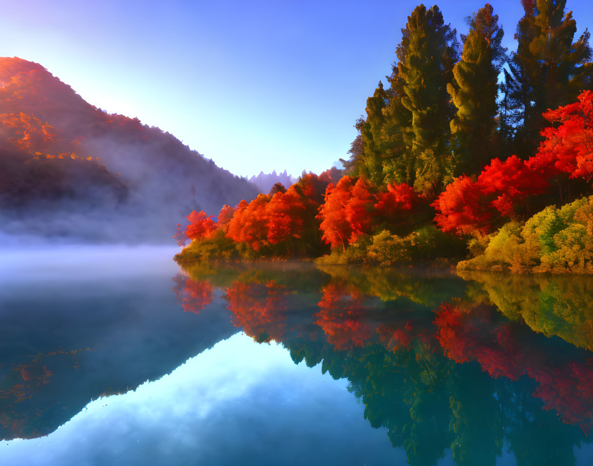 Tranquil lake scene: autumn trees, sunrise, misty hills