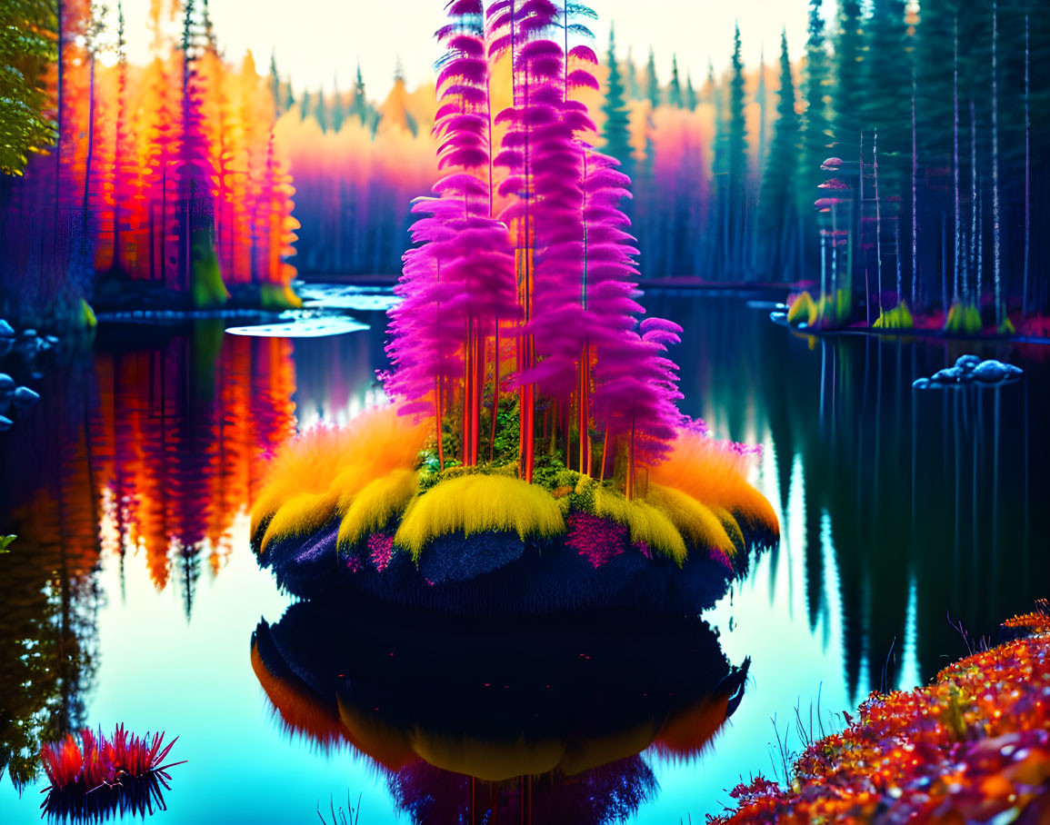 Neon pink and yellow forest reflected in tranquil lake