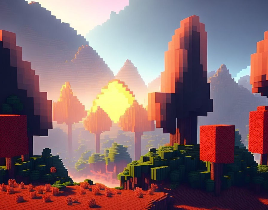 Blocky trees, mountains, and glowing sunrise in voxel landscape