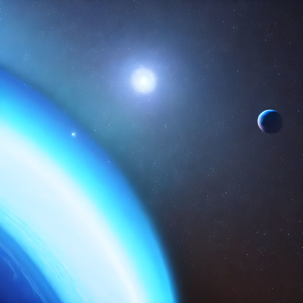 Planetary bodies with atmosphere, smaller planet, and bright star in space