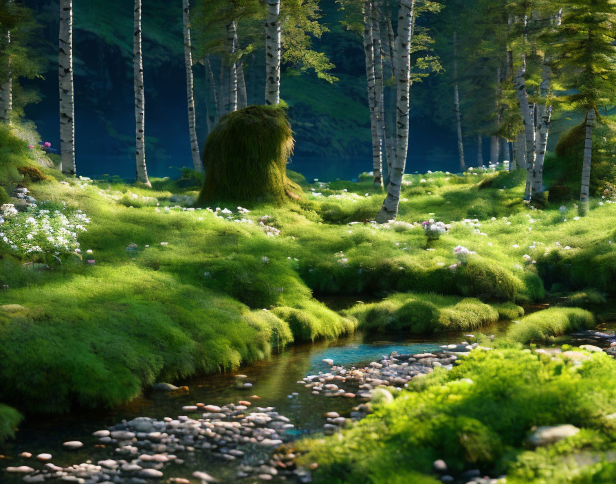 Tranquil forest landscape with stream, moss, birch trees, and dappled sunlight