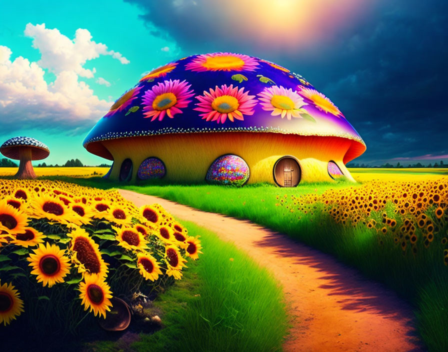 Colorful Mushroom House in Sunflower Field at Sunset