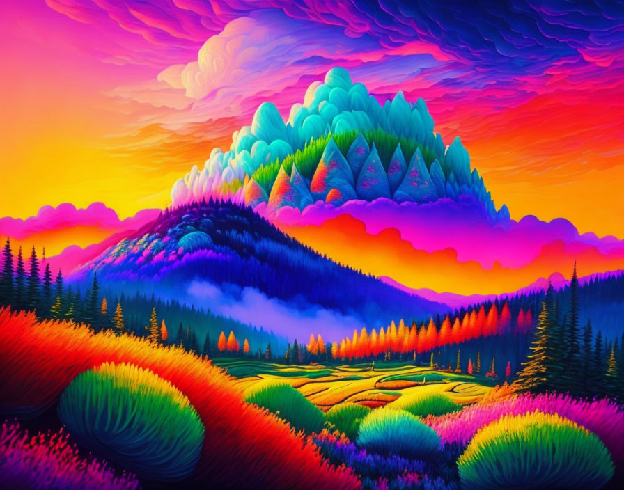 Colorful surreal landscape with rolling hills and vibrant sky