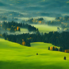 Serene landscape of rolling green hills under a hazy sky