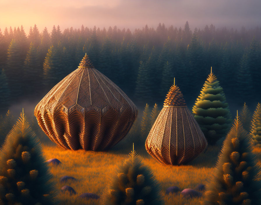 Dome-shaped wooden structures in sunlit forest clearing