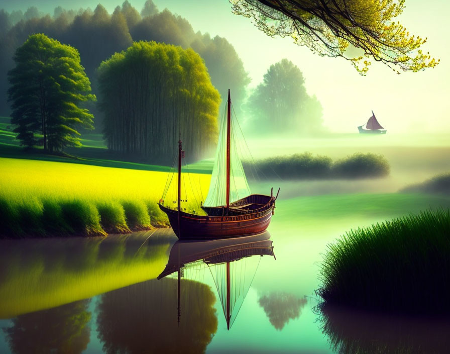 Tranquil landscape: traditional boat on calm river, lush greenery, mist, warm light