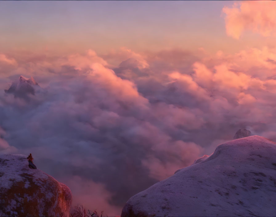 Person sitting on snowy mountain peak at sunset with pink-hued clouds below