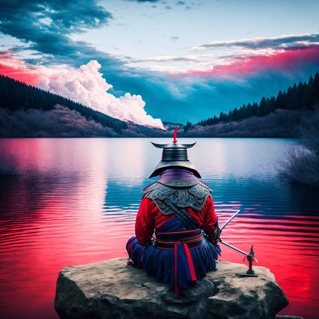 Samurai in traditional armor gazes at serene lake with red reflection.