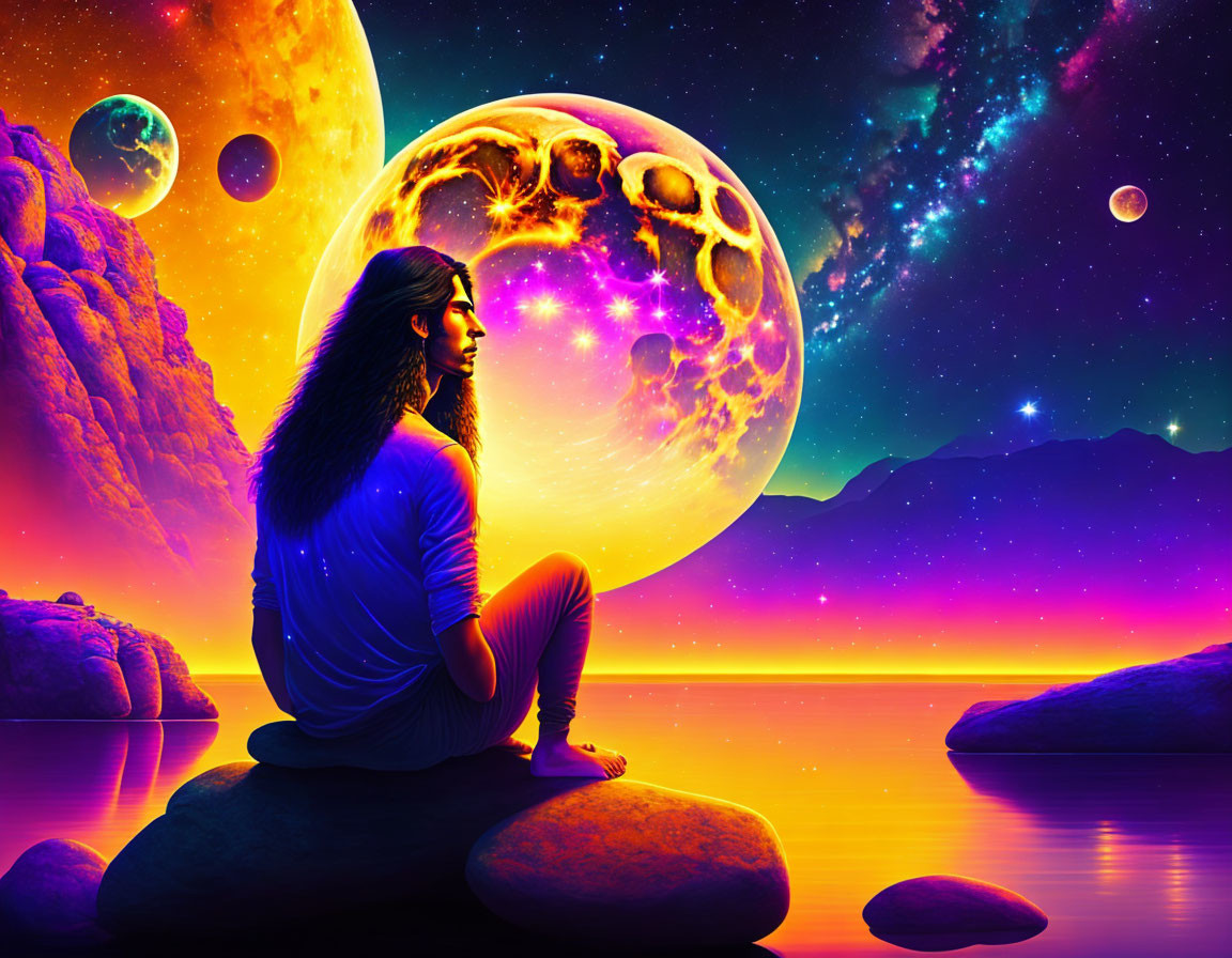 Person meditates by lake under surreal sky with oversized moons and galaxies at vibrant sunset