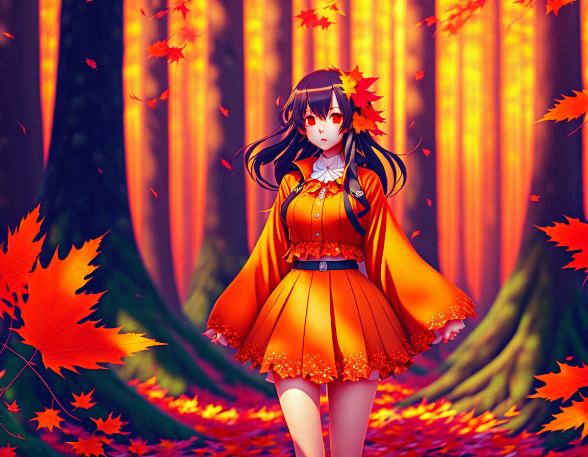 Anime girl with long brown hair in orange dress in autumn forest