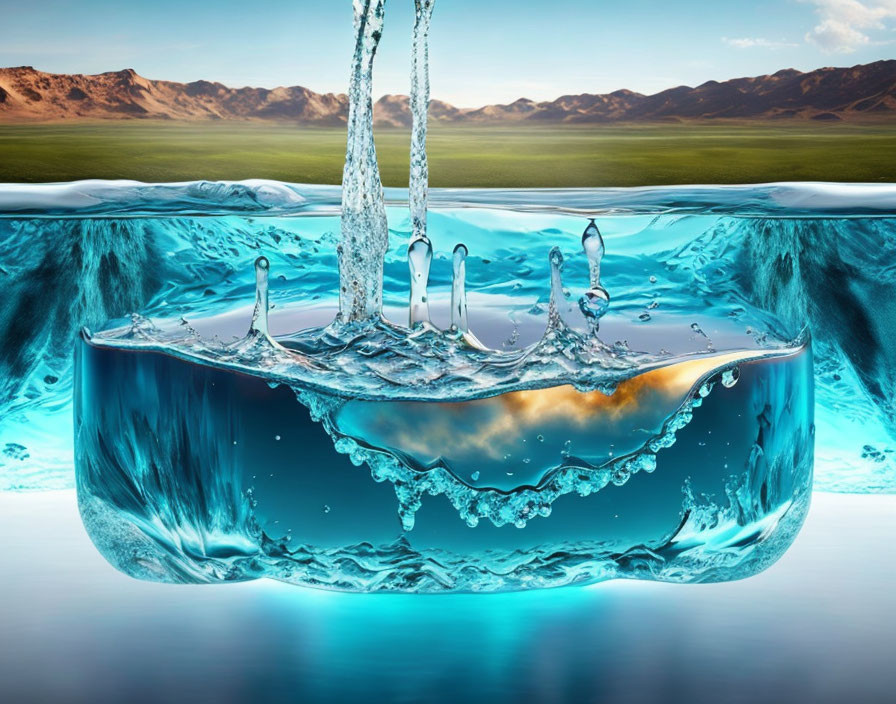 Water Pouring into Submerged Desert Landscape: Aquatic Oasis Illusion