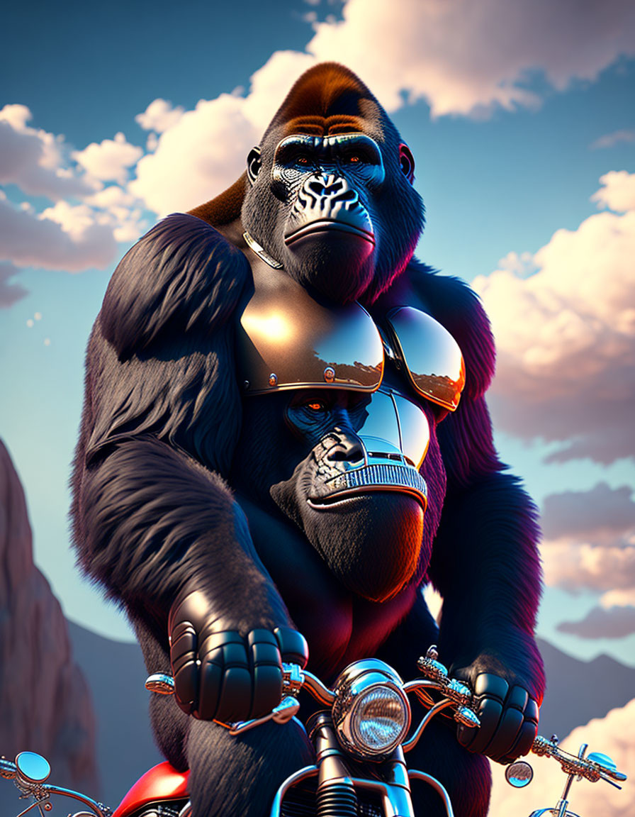 Stylized gorilla on motorcycle with leather jacket & sunglasses in mountain scenery