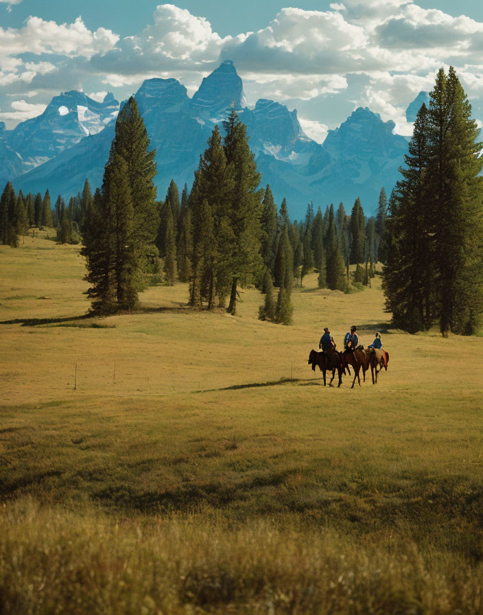 Scenic image of three riders on horseback in mountain meadow