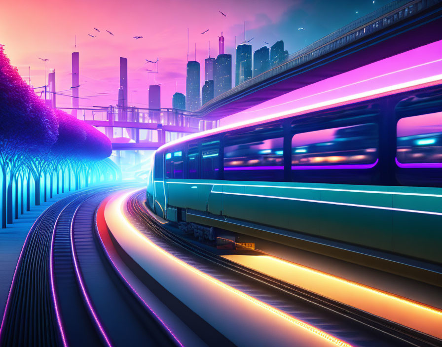 Futuristic cityscape at dusk with high-speed train, neon lights, and flying vehicles