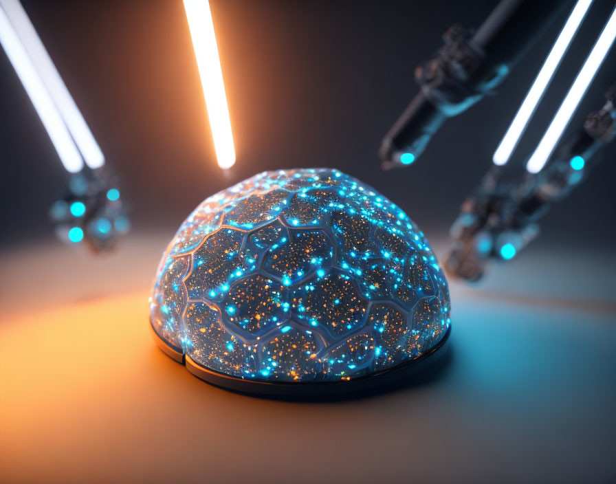 Blue Glowing Neural Network Dome with Robotic Arms and Warm Light Background