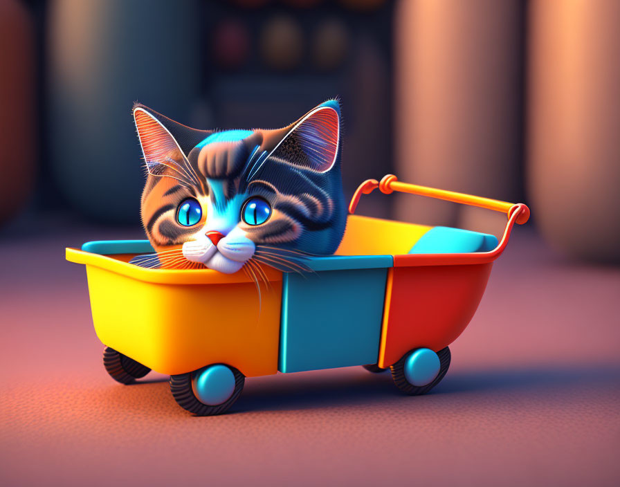 Colorful 3D illustration of striped cartoon cat in toy wagon