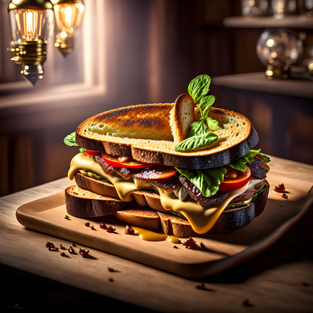 Toasted gourmet sandwich with melted cheese, bacon, lettuce, tomato, and basil on wooden board