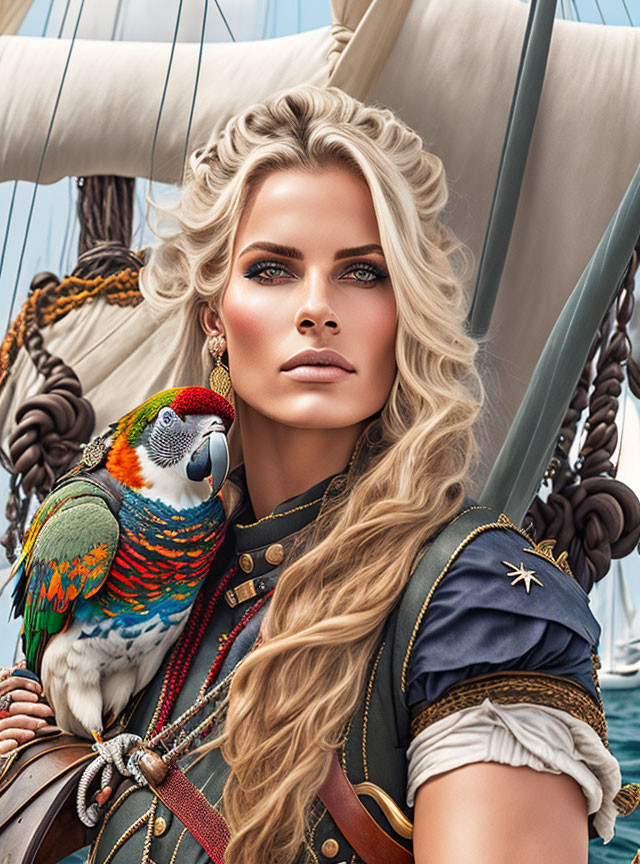 Blonde woman with parrot in pirate outfit and ship rigging