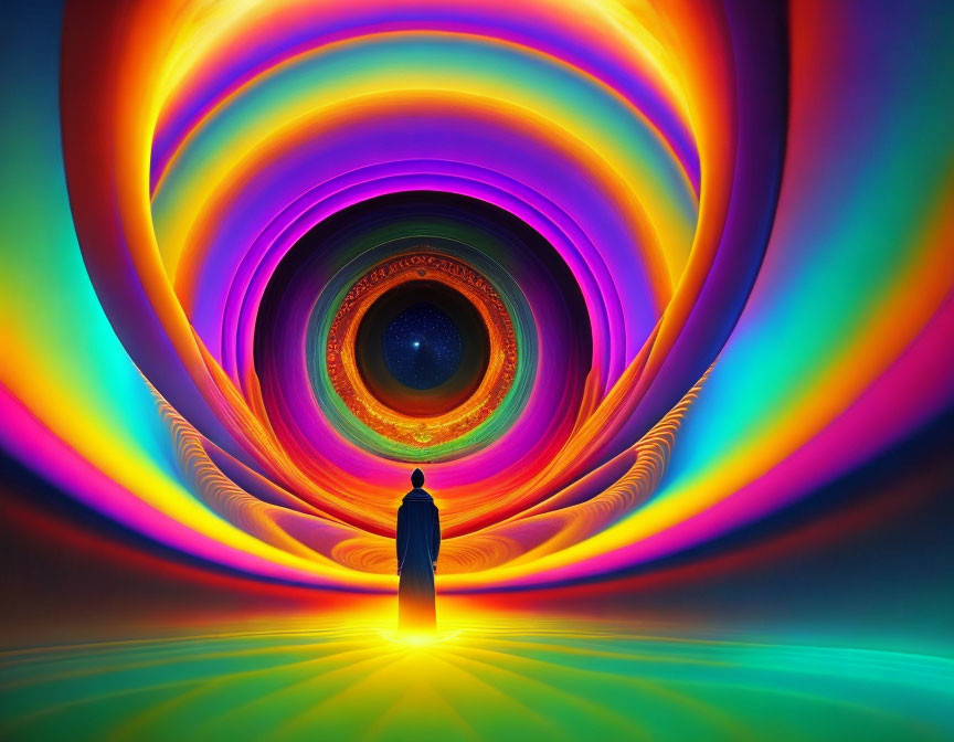 Colorful Tunnel with Concentric Circular Patterns on Dark Background