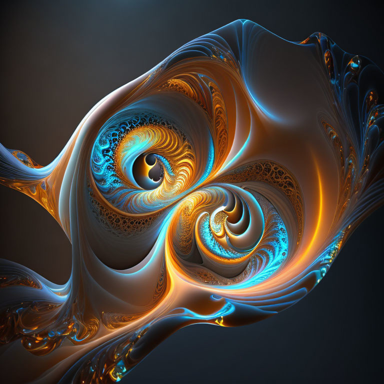 Intricate Blue, Orange, and White Fractal Pattern on Dark Background