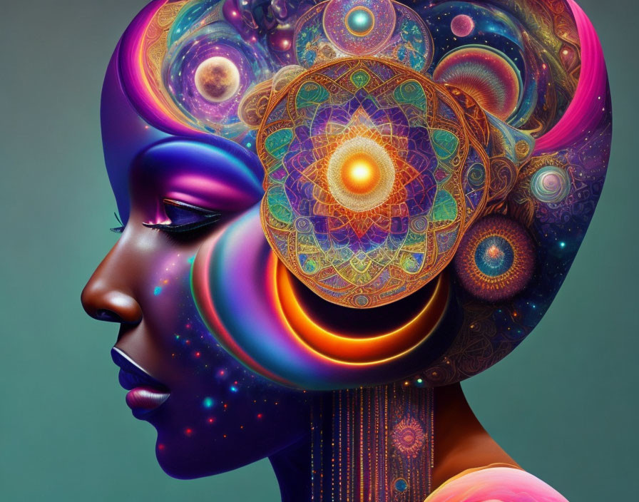 Colorful Cosmic Digital Art Portrait of Woman with Galaxies in Head Silhouette