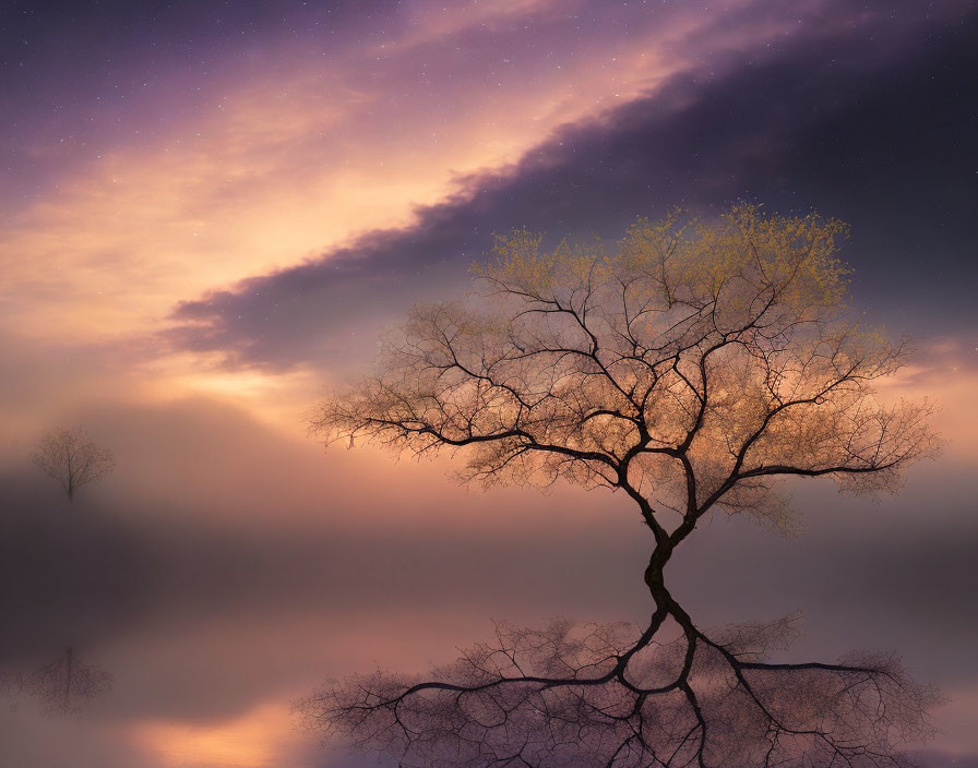 Tranquil twilight sky with purple and gold gradient over silhouetted trees