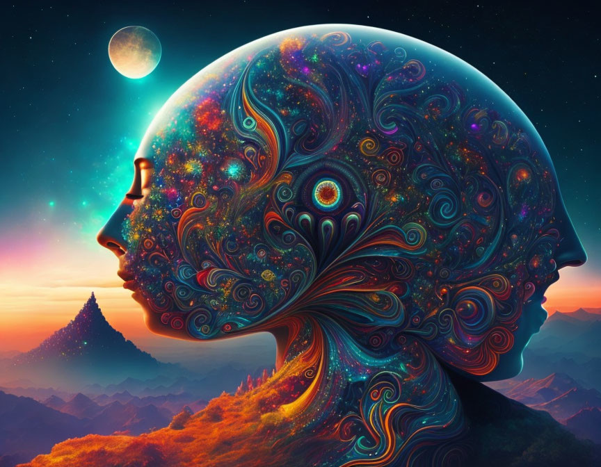 Colorful human head profile with cosmic patterns on surreal sunset landscape