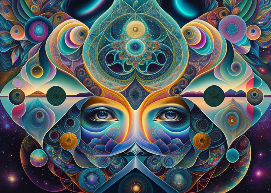 Symmetrical psychedelic art with celestial elements and mystical eyes